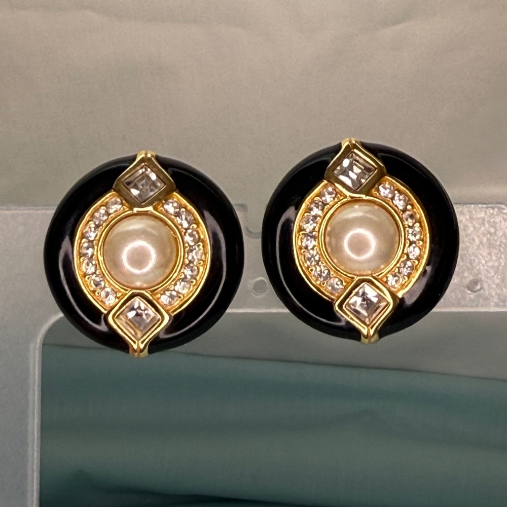 Vintage Swarovski Swan Signed Crystal, Faux Pearl, Black Enamel Clip Earrings